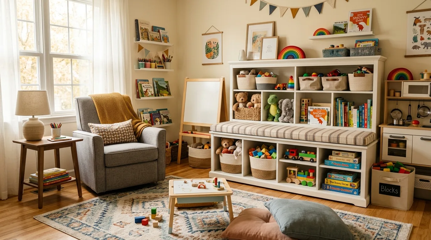 Playroom storage bench filled with toys